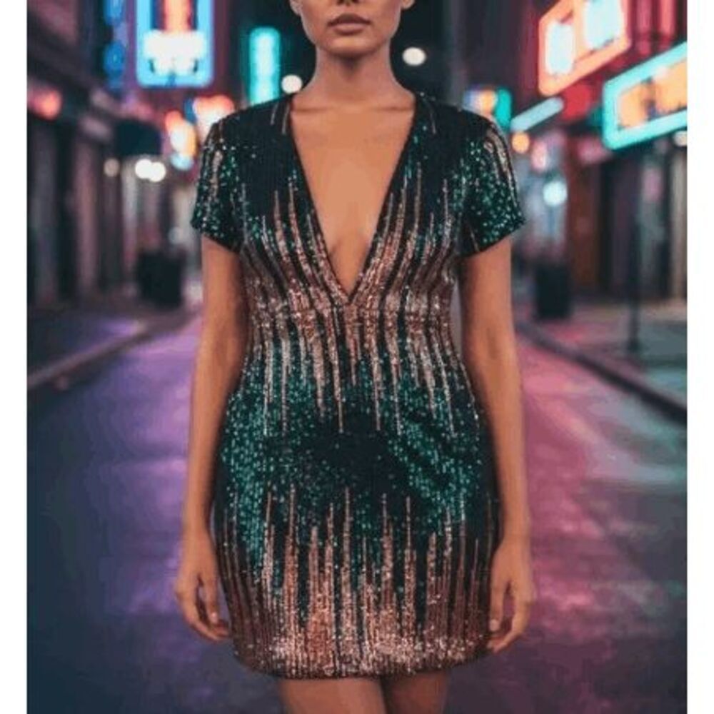 Venus Women's Size 14 Green Gold Sequin Deep Plunge Mini Dress
